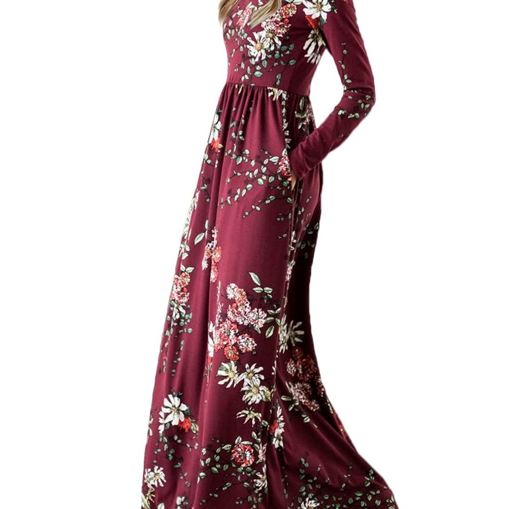 Zesica Floral Long Sleeve Empire Waist Maxi Dress with Pockets Burgundy Size S